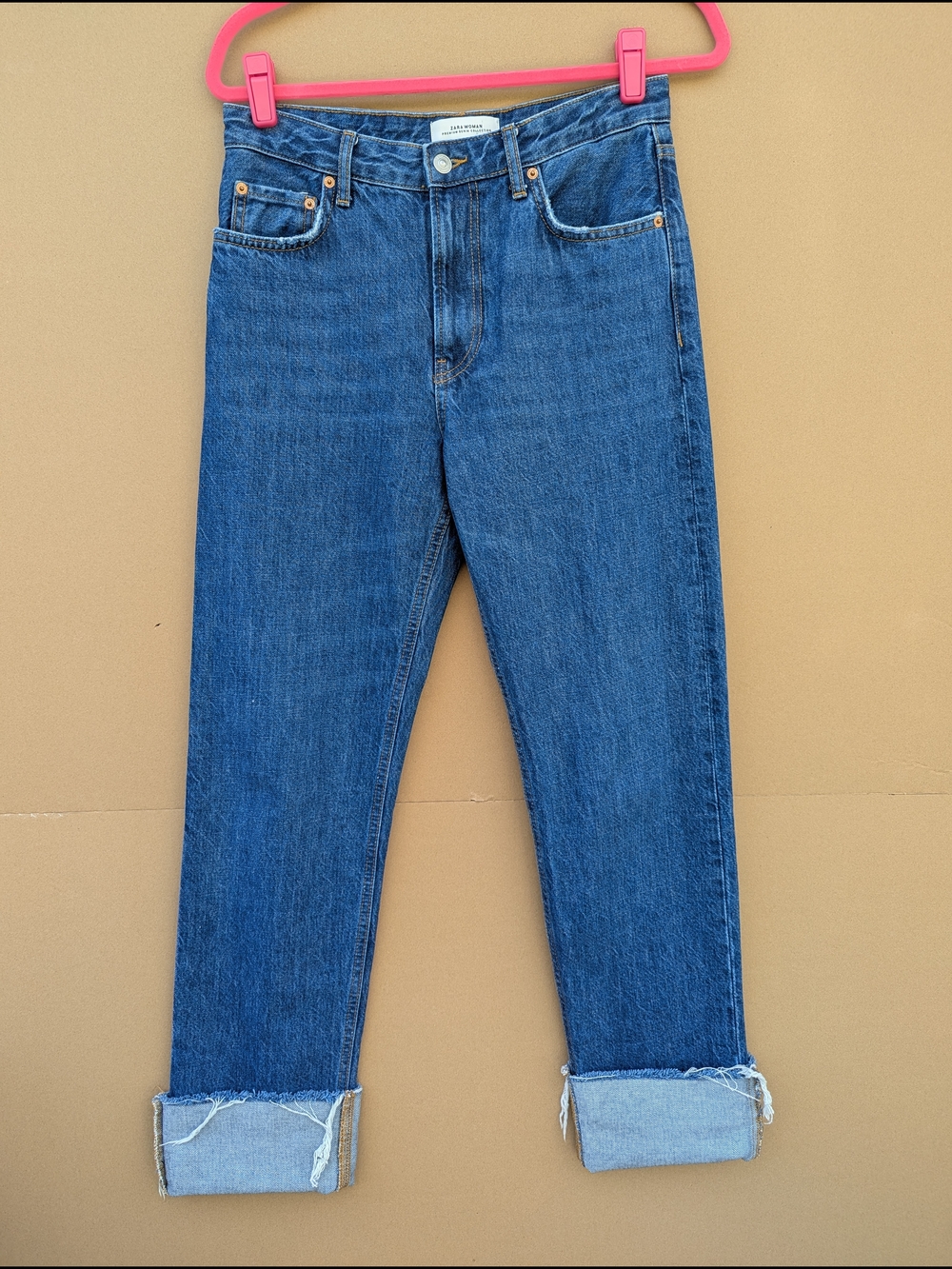 Zara Woman Straight Leg Jeans Premium Denim High Rise Frayed Cuff Blue 4